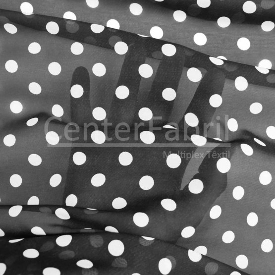 Tecido Mousseline Chiffon Estampado Bola Branco Fdo Preto Larg 147cm 100%Poliester.Conserv1-N/2-2/3-2/4-5/5-3/6-1