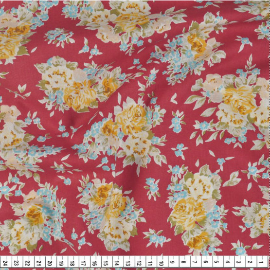 Tecido Tricoline Estampa Floral Fdo Vermelho Larg.140cm 100%Algodão