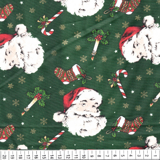 Tecido Tricoline Natal - Noel Meias Velas e Doces Verde Larg 140cm - 100%algodão Preço por Metro