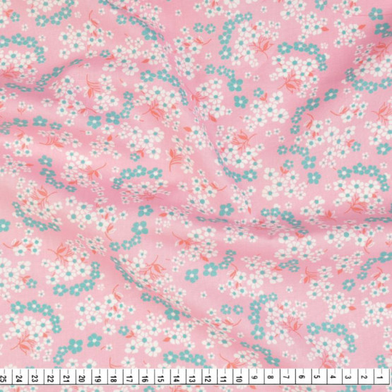 Tecido Tricoline Estampa Flor Miuda bco e vde fdo rosa Larg,140cm 100%Algodão Promo de R$26,90 por