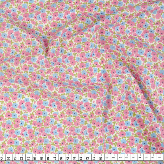 Tecido Tricoline estampa miuda rosa e azul fdo branco Larg 1,47mt 100% algodão