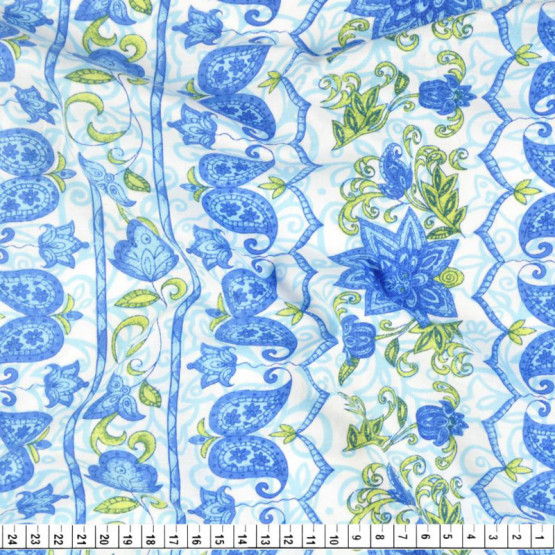 Tecido Tricoline Leve Estampado Azul Fdo Branco larg 147cm 100%Algodão