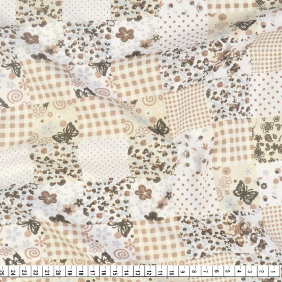 Tecido Tricoline estampa Patchwork marrom fdo branco Larg 1,47mt 100% algodão