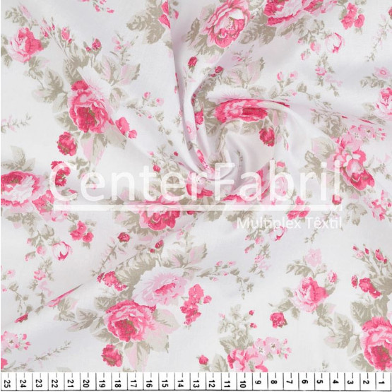 Tecido Tricoline Flores Rosas Fdo Branco Larg 147cm 100% Algodão 120gr/m2 Preço por Metro