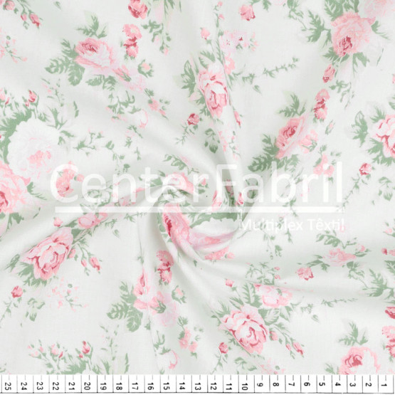 Tecido Tricoline Estampa Rosa Fundo Cza CLaro Larg 1,47mt 100% algodão Preço por Metro -120gr/m2