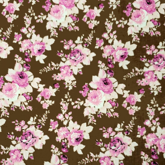 Tricoline estampa floral rosa e fundo marrom 100% algodão