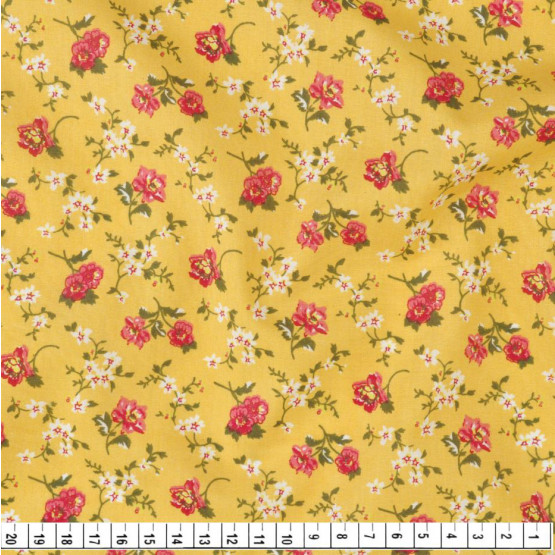 Tecido Tricoline Estampa Floral Vermelho Fundo Amarelo  Larg 1,47mt 100% algodão Preço por Metro -120gr/m²