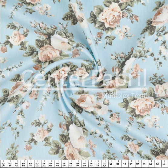 Tecido Tricoline Estampa Rosa Fundo Azul Larg 1,47mt 100% algodão Preço por Metro - 120gr/m²