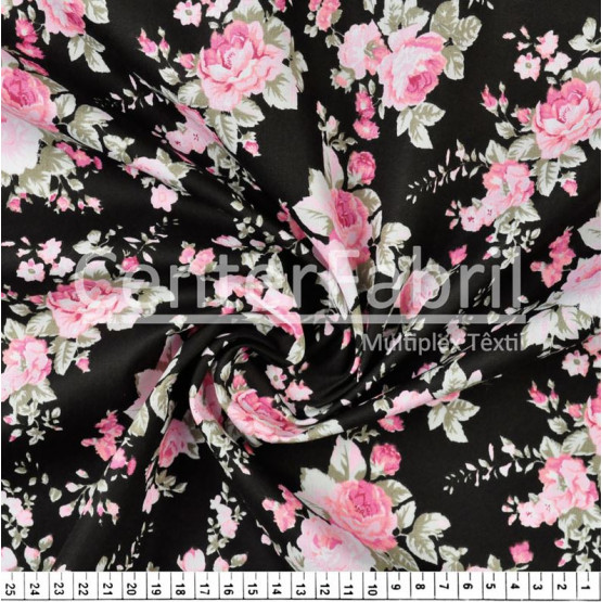 Tecido Tricoline estampa Rosa Fdo Preto  Larg 147cm 100% Algodão 120gr/m2 Preço por Metro