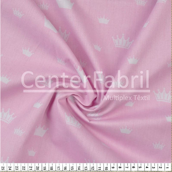 Tecido Tricoline estampa Coroa Branca Fdo Rosa Larg 1,47mt 100%algodão Preço por Metro -120gr/m2