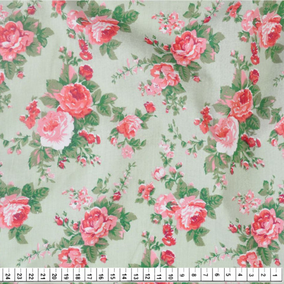 Tecido Tricoline Estampa Floral Rosa Fundo Verde Larg 1,47mt 100% algodão Preço por Metro
