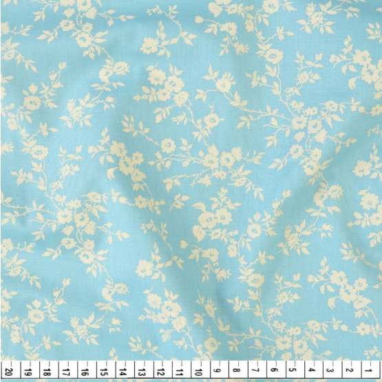 Tecido Tricoline Estampa Floral Bege Fundo Azul  Larg 1,47mt 100% algodão Preço por Metro -120gr/m² 