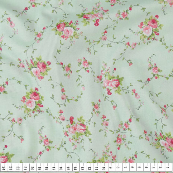 Tecido Tricoline Estampa Floral Rosa Fundo Verde Larg 1,47mt 100% algodão Preço por Metro