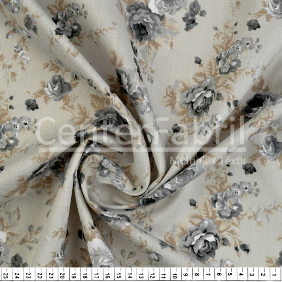 Tecido Tricoline estampa Floral Cinza Fdo Bege Larg 147cm 100% Algodão 120gr/m2 Preço por Metro