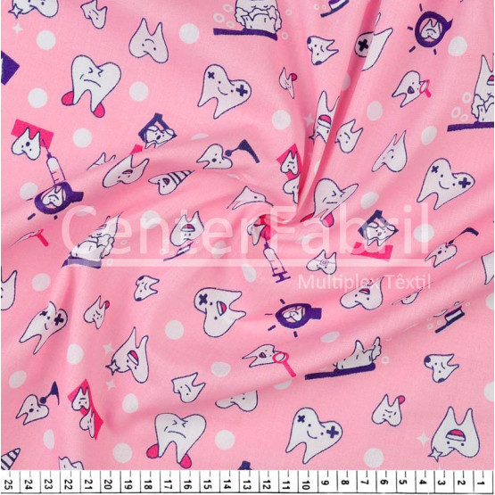 Tecido Tricoline estampa Dente Fundo Rosa Larg 1,47mt 100%algodão Preço por Metro -120gr/m2