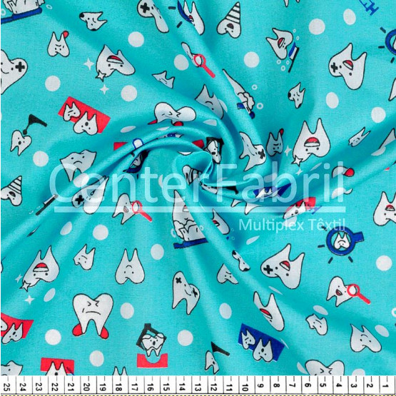 Tecido Tricoline estampa Dente Fundo Azul Larg 1,47mt 100%algodão Preço por Metro -120gr/m2