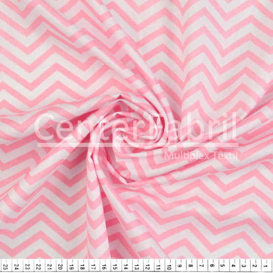 Tecido Tricoline estampa Chevron Rosa Fdo Branco Larg 147cm 100% Algodão 120gr/m2 Preço por Metro