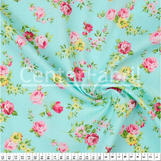Tecido Tricoline estampa Floral Rosa Peq Fdo Vde Claro Larg 1,47mt 100%algodão Preço por Metro -120gr/m2