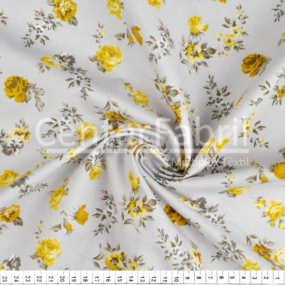 Tecido Tricoline estampa Floral Pequeno Amarelo Fdo Gelo Larg 147cm 100% Algodão 120gr/m2 Preço por Metro