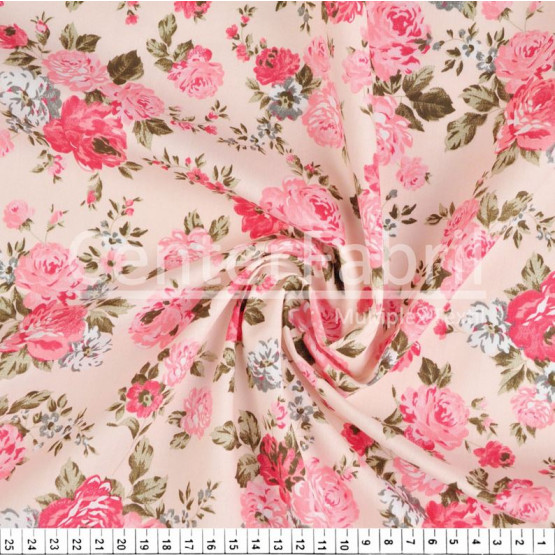 Tecido Tricoline estampa Floral Médio Rosa Fdo Rosa Larg 147cm 100% Algodão 120gr/m2 Preço por Metro