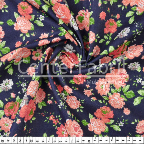 Tecido Tricoline estampa Floral Médio Vermelho Fdo Marinho Larg 147cm 100% Algodão 120gr/m2 Preço por Metro