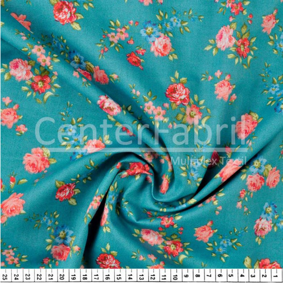 Tecido Tricoline estampa Floral Pequeno Vermelho Fdo Vde Larg 147cm 100% Algodão 120gr/m2 Preço por Metro