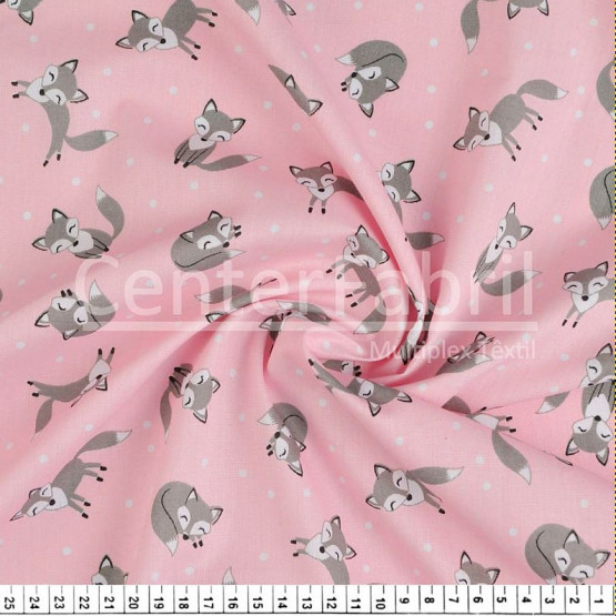 Tecido Tricoline estampa Raposa Fdo Rosa Larg 147cm 100% Algodão 120gr/m2 Preço por Metro