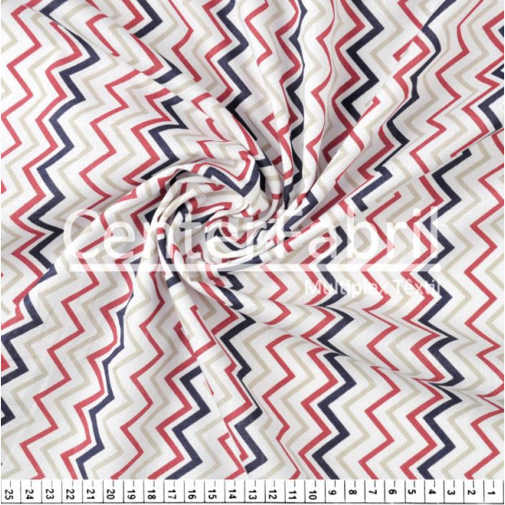 Tecido Tricoline estampa Chevron marinho/vermelho/bege fdo bco  Larg 147cm 100% Algodão 120gr/m2 Preço por Metro