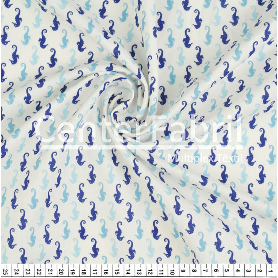 Tecido Tricoline estampa Cavalo Marinho Azul Larg 1,47mt 100%algodão Preço por Metro -120gr/m2