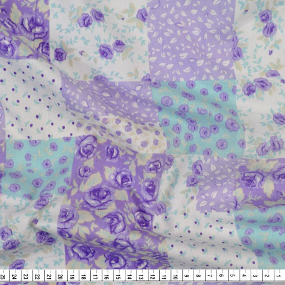 Tecido Tricoline Fancy Estampa Patch lilas e verde fdo bco Larg, 147cm 100%Algodão