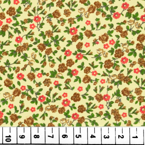 Tricoline estampada floral cáqui fundo creme 100% algodão varejo e atacado