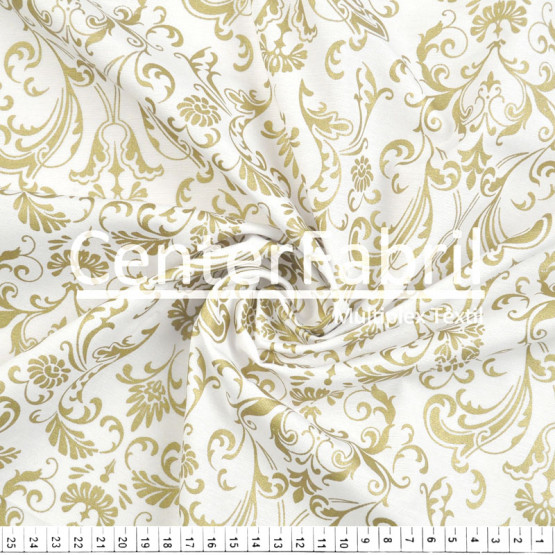 Tecido Tricoline Misto Estampado Arabesco Dourado Fdo Branco Larg150cm 66%Poliester 34%Algodão 112gr/m2
