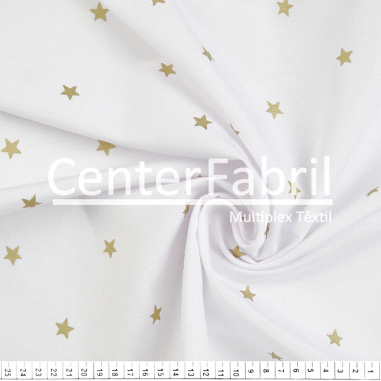 Tecido Tricoline Misto Estampado Sky Dourado Fdo Branco Larg150cm 66%Poliester 34%Algodão 112gr/m2