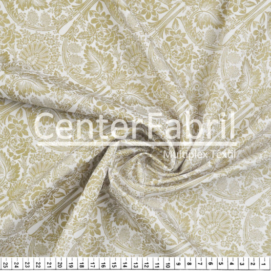Tecido Tricoline Misto Estampado Helmut (Folhagem) Dourado Fdo Branco Larg150cm 66%Poliester 34%Algodão 112gr/m2