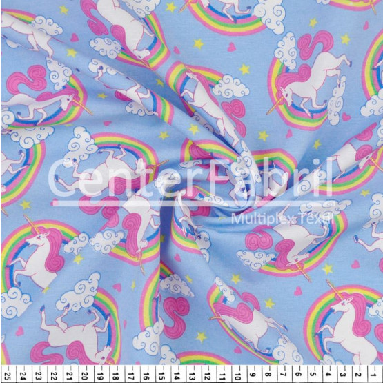 Tecido Tricoline Misto Estampado Unicórnio Azul Larg150cm 66%Algodaõ 34%Poliester 110gr/m2