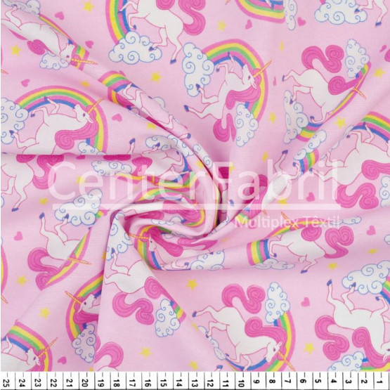 Tecido Tricoline Misto Estampado Unicórnio Rosa Larg150cm 66%Algodaõ 34%Poliester 110gr/m2