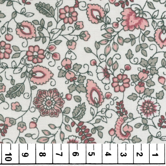 Tecido Tricoline Floral Rosa e Fundo Gêlo Larg. 1,47mt 100%algodão