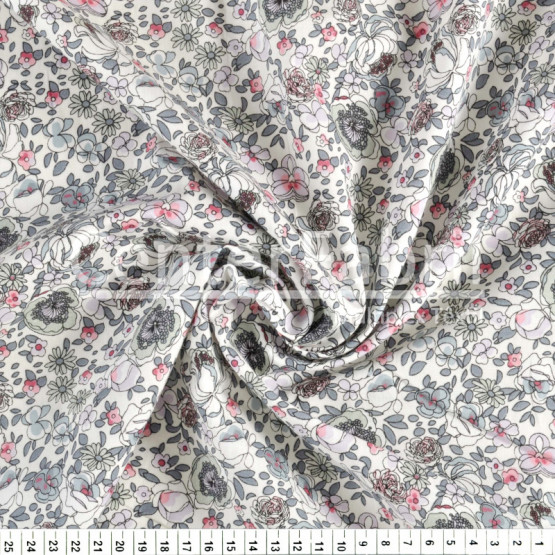 Tecido Tricoline estampa Floral Vde Claro e Lilás Fdo Cru larg147cm 100% algodão