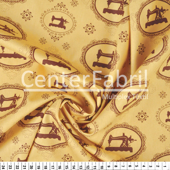 Tecido Tricoline Estampa Máquinas Vintage Mostarda 150cm 100%Algodão Conserv 1-I/2-2/3-2/4-1/5-2/6-1