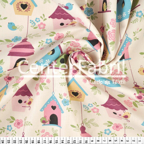 Tecido Tricoline Estampa Casa de Passarinhos Rosa Largura 150cm 100%Algodão Conserv 1-I/2-2/3-2/4-1/5-2/6-1