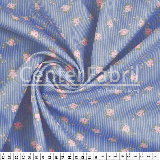 Tecido Tricoline Estampa Floral Rosa Botão Fdo Listrado Azul Largura 150cm 100%Algodão Conserv 1-I/2-2/3-2/4-1/5-2/6-1