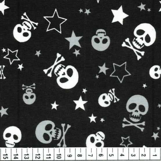 Tecido Bandana Caveira Star Branca, Cinza e Fundo Preto 100% Algodão promoção de R$ 26,90 por
