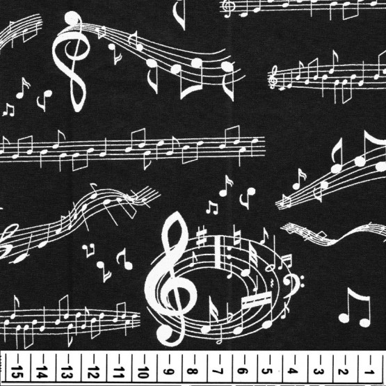 Tricoline Notas Musicais Brancas e Fundo PretoLarg.1,50mt 100%algodão Preço por metro