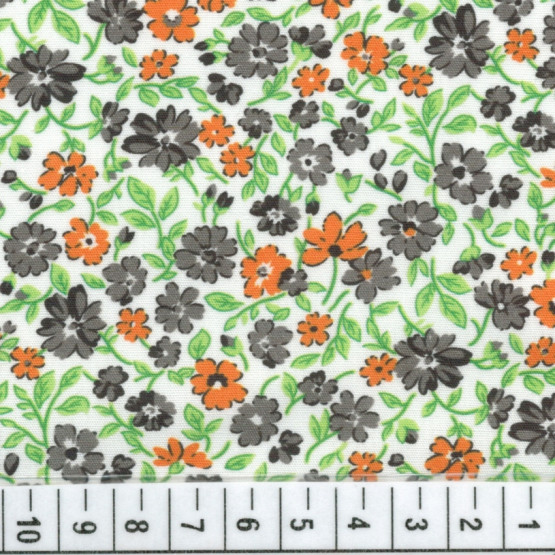 Tricoline floral liberty -Ixia-Preto,branco, laranja Larg140cm 100%algodão