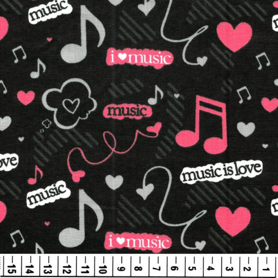 Tecido Tricoline Notas Musicais Rosa Cinza Fundo Preto Larg 140cm 100% algodão 112gr/m2 promoção de R$ 26,90 por