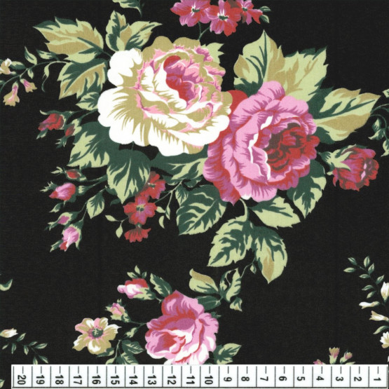Tricoline estampada floral rosa fundo preto larg150cm 100% algodão
