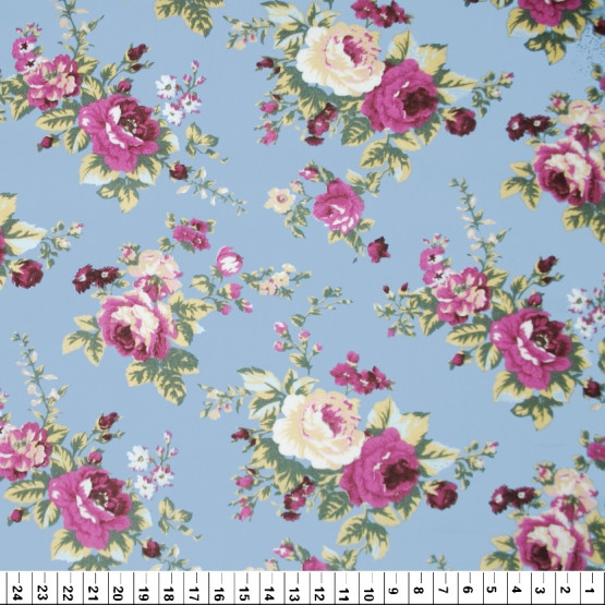 Tricoline estampada floral rosa escuro fundo azul 100% algodão 