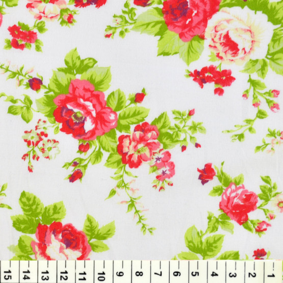 Tricoline estampada flores vermelhas rosas fundo branco 100% algodão