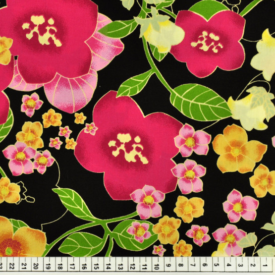 Tricoline estampada flores rosas amarelas fundo preto 100%algodão