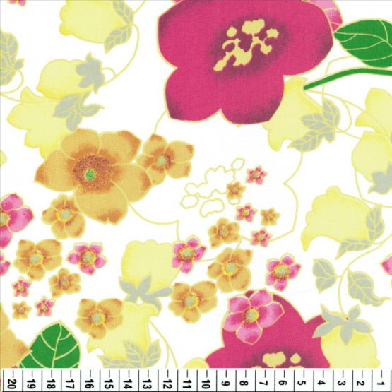 Tricoline estampada flores rosas amarelas fundo branco 100%algodão